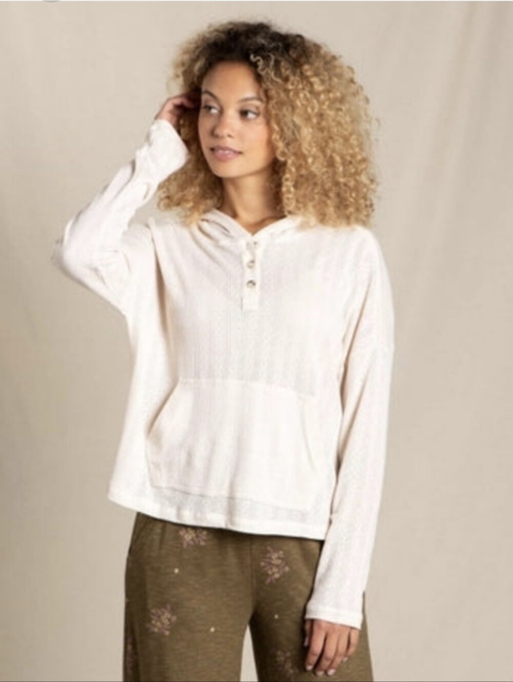 Toad & Co Foothill Pointelle Hoodie L Cream Organic Cotton Blend Granola Cottage